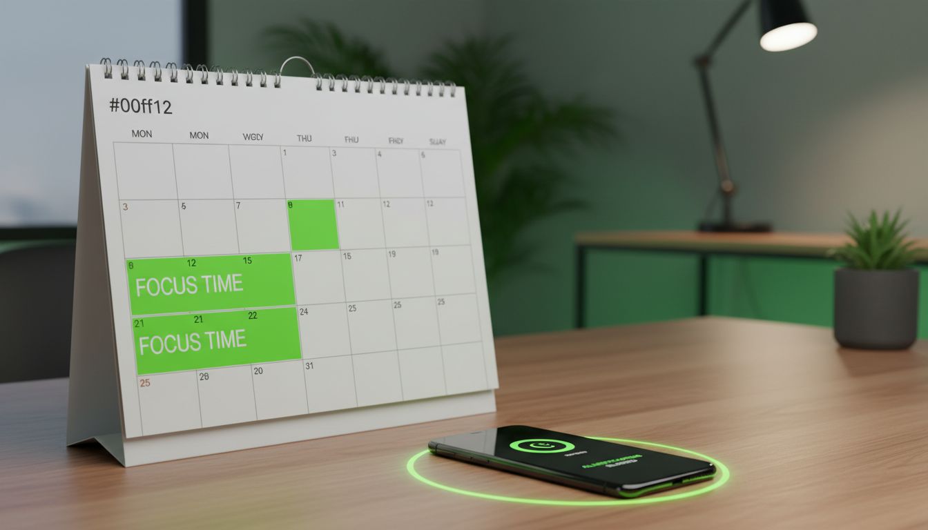 A professional, high-quality image of a calendar with blocked focus time and a phone with notifications silenced