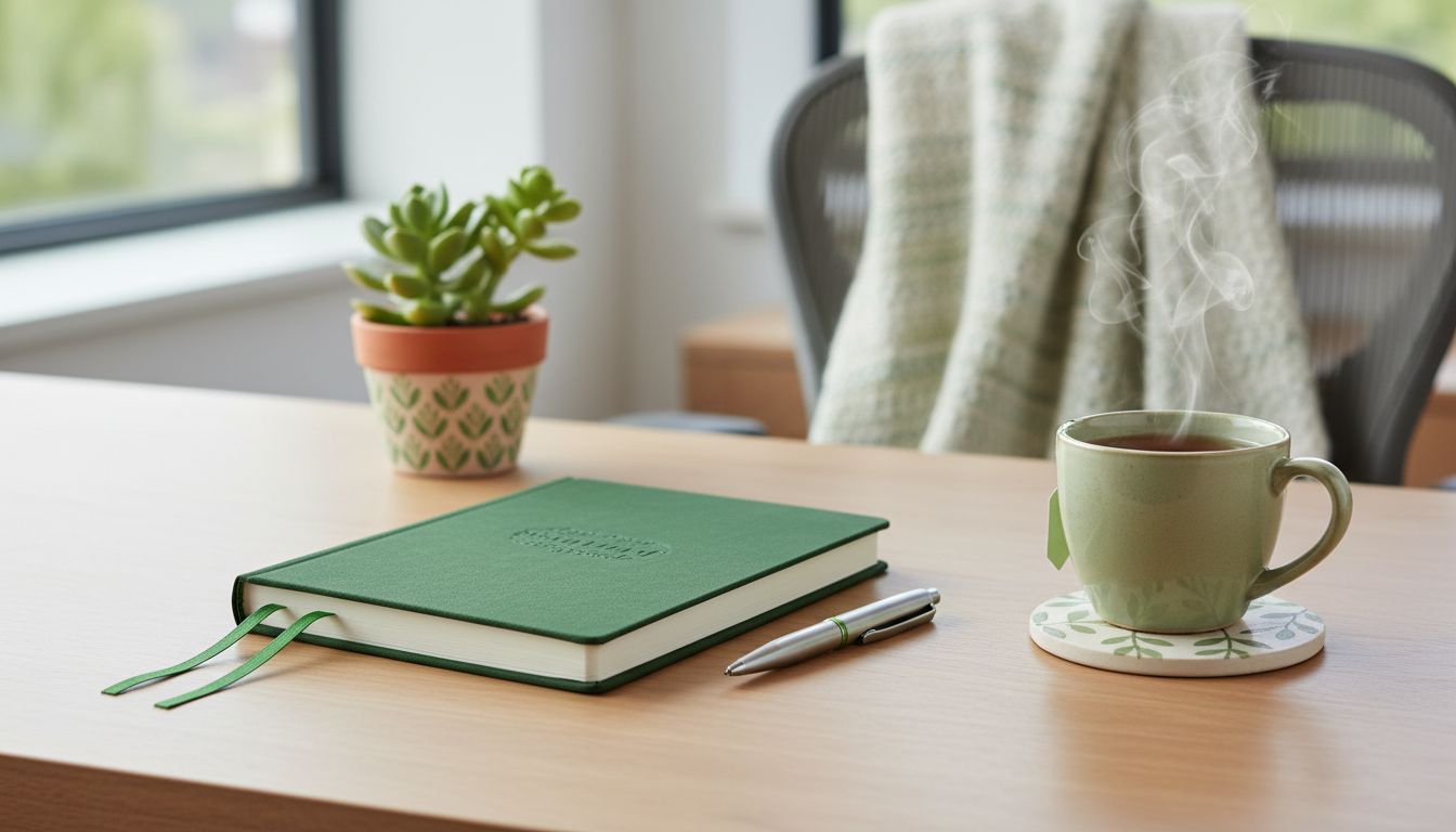 A calm, professional desk setup with a notebook, pen, warm tea, and soft natural light, conveying a therapeutic journaling atmosphere