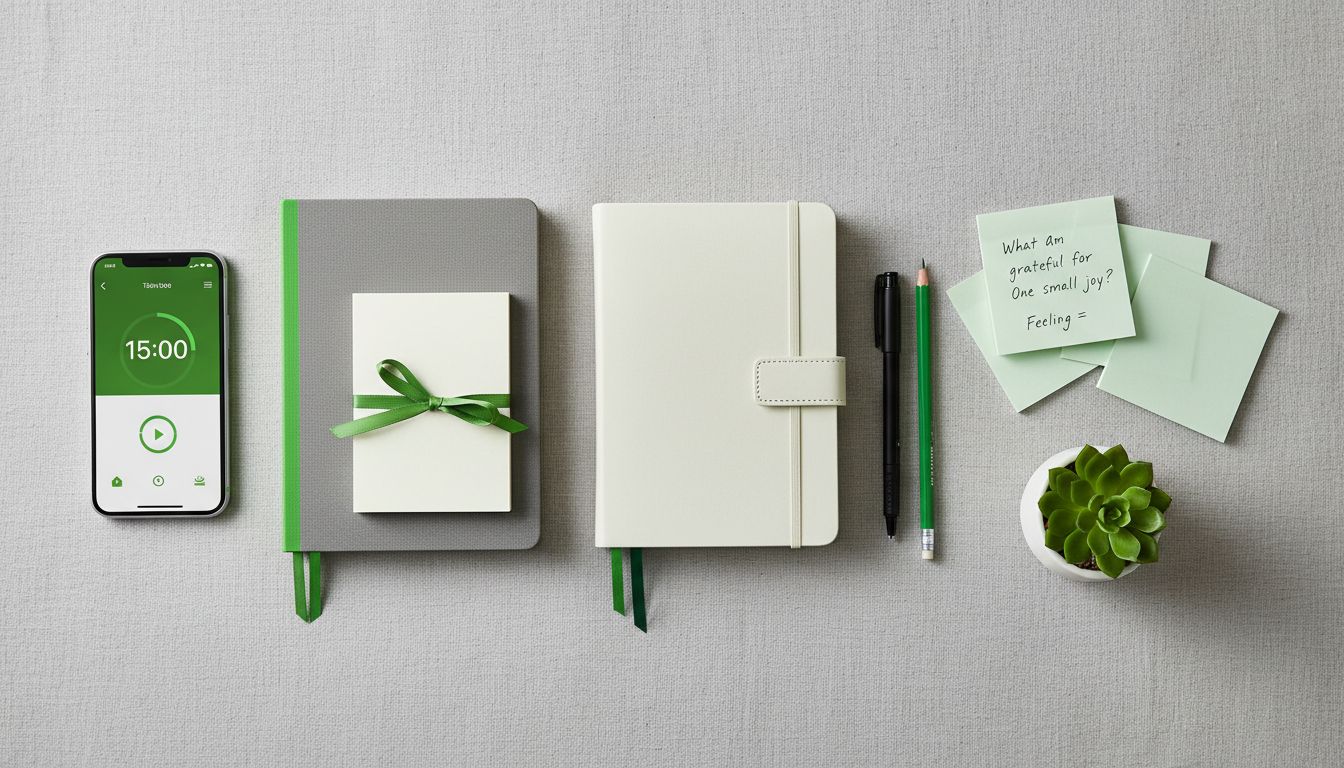 A clean flat-lay of journaling tools: notebook options, phone timer, sticky notes with gentle prompts, minimalist aesthetic