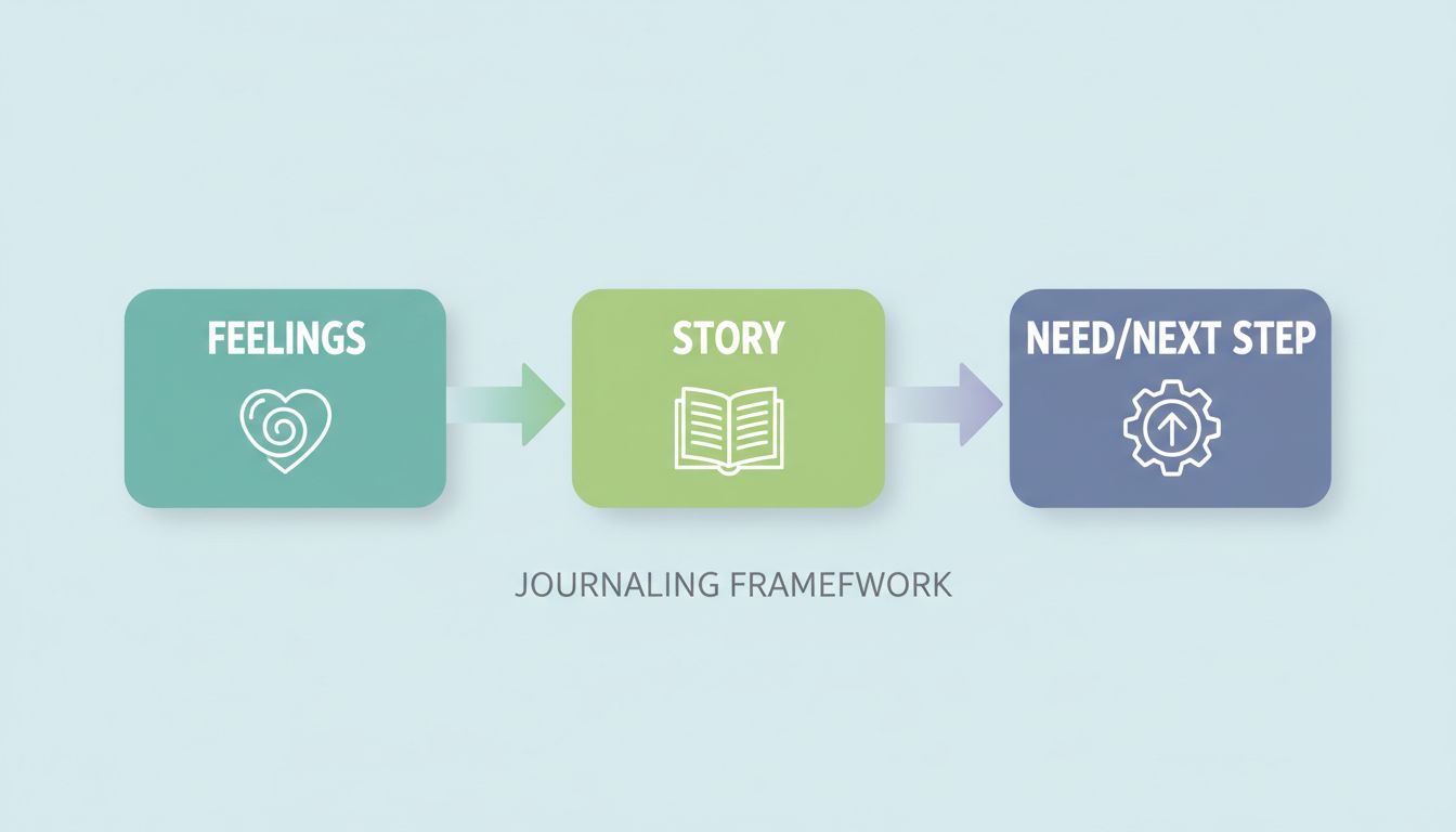 A professional infographic-style visual of a 3-step journaling framework: Feelings → Story → Need/Next step, in calming colors