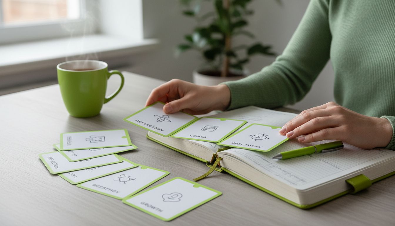 A calm, professional scene showing a person selecting prompt cards beside a journal, suggesting structured self-inquiry