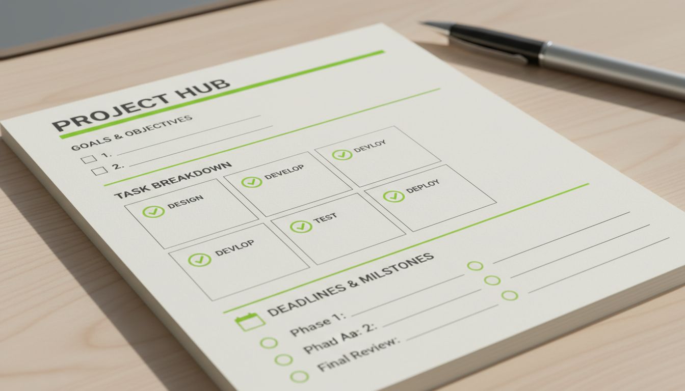 A high-quality close-up of a journal page with neatly formatted template sections and checkboxes, professional and minimal