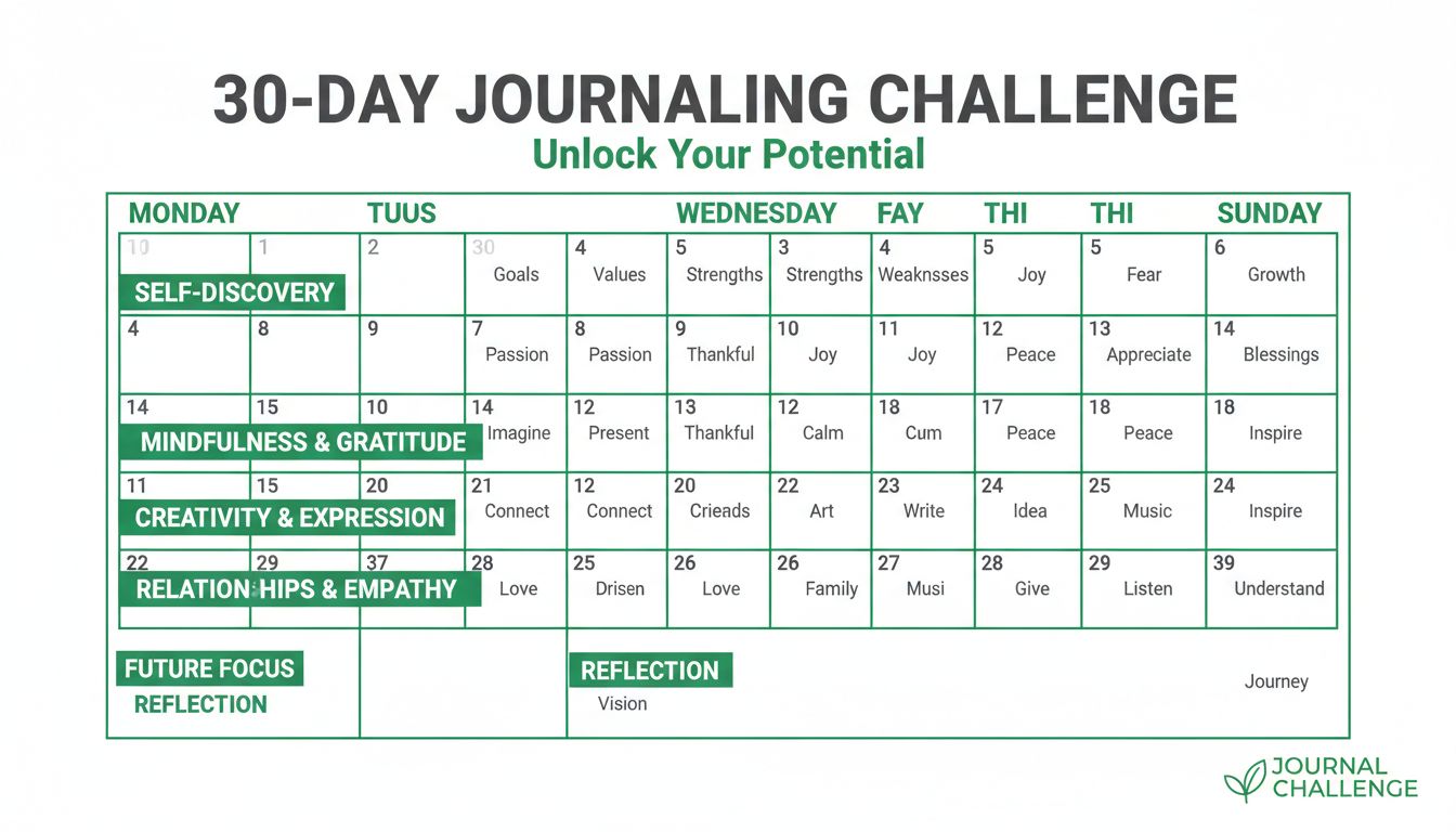 A professional calendar-style layout showing a 30-day journaling challenge with themes per week, clean typography