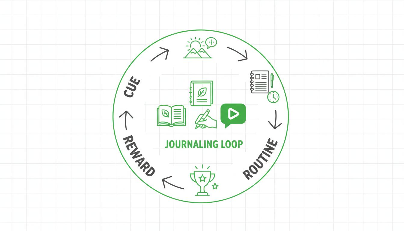 A professional habit-building visual showing cues, routine, reward loop with journaling icons, minimalist design