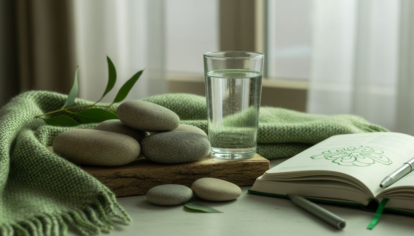 A calm, supportive scene with grounding objects: textured stone, glass of water, cozy blanket, and a journal nearby