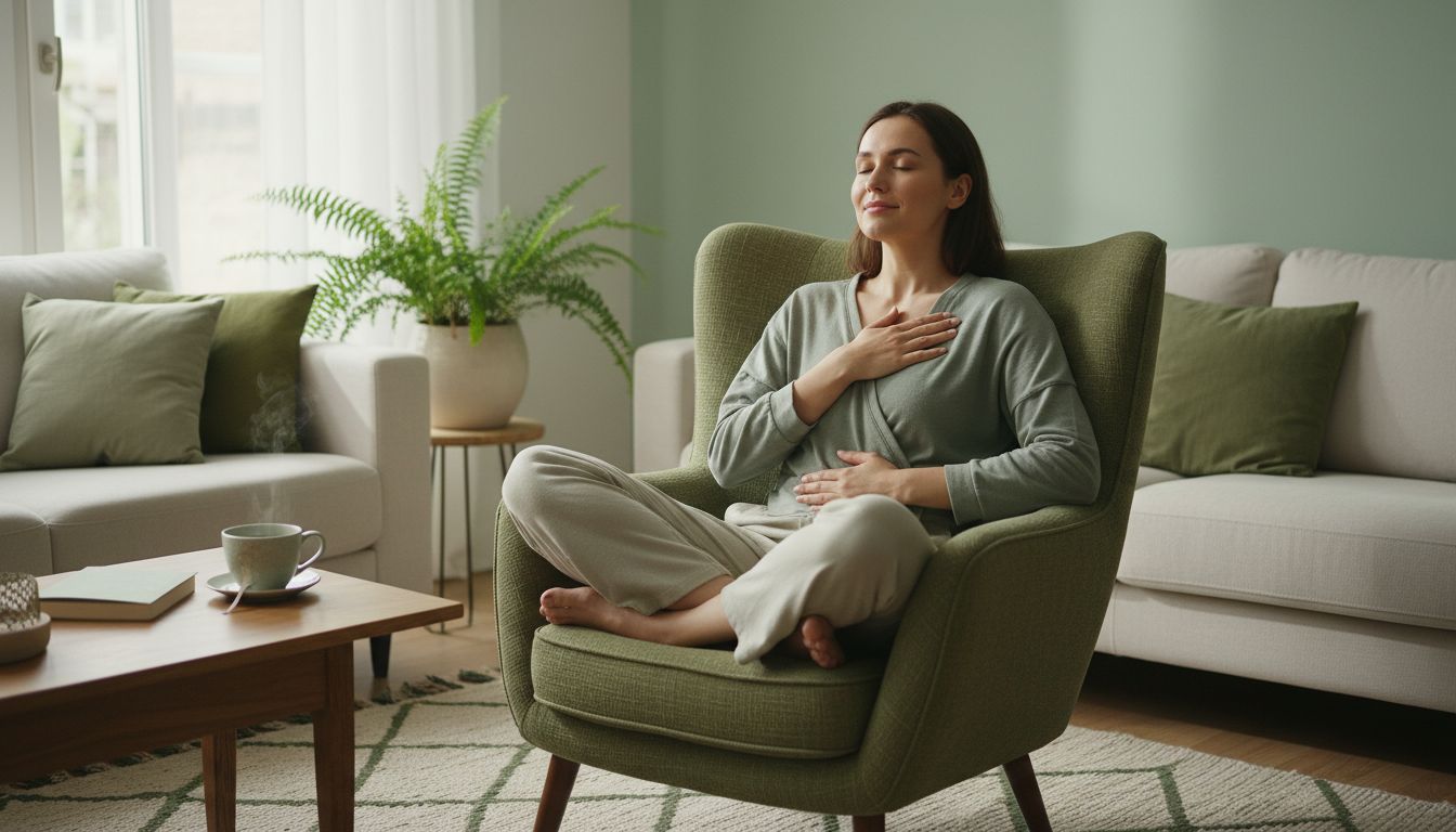 A calm living-room setting with a person sitting comfortably, eyes soft, one hand on chest and one on belly, natural window light, professional high-quality photo