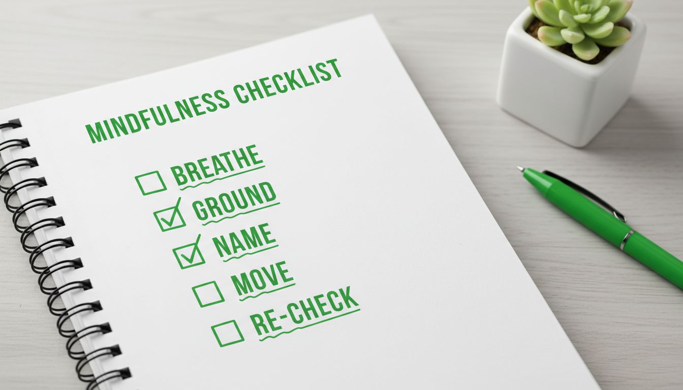 A clean infographic-style photo of a notebook page with a simple checklist: “Breathe → Ground → Name → Move → Re-check”, professional high-quality