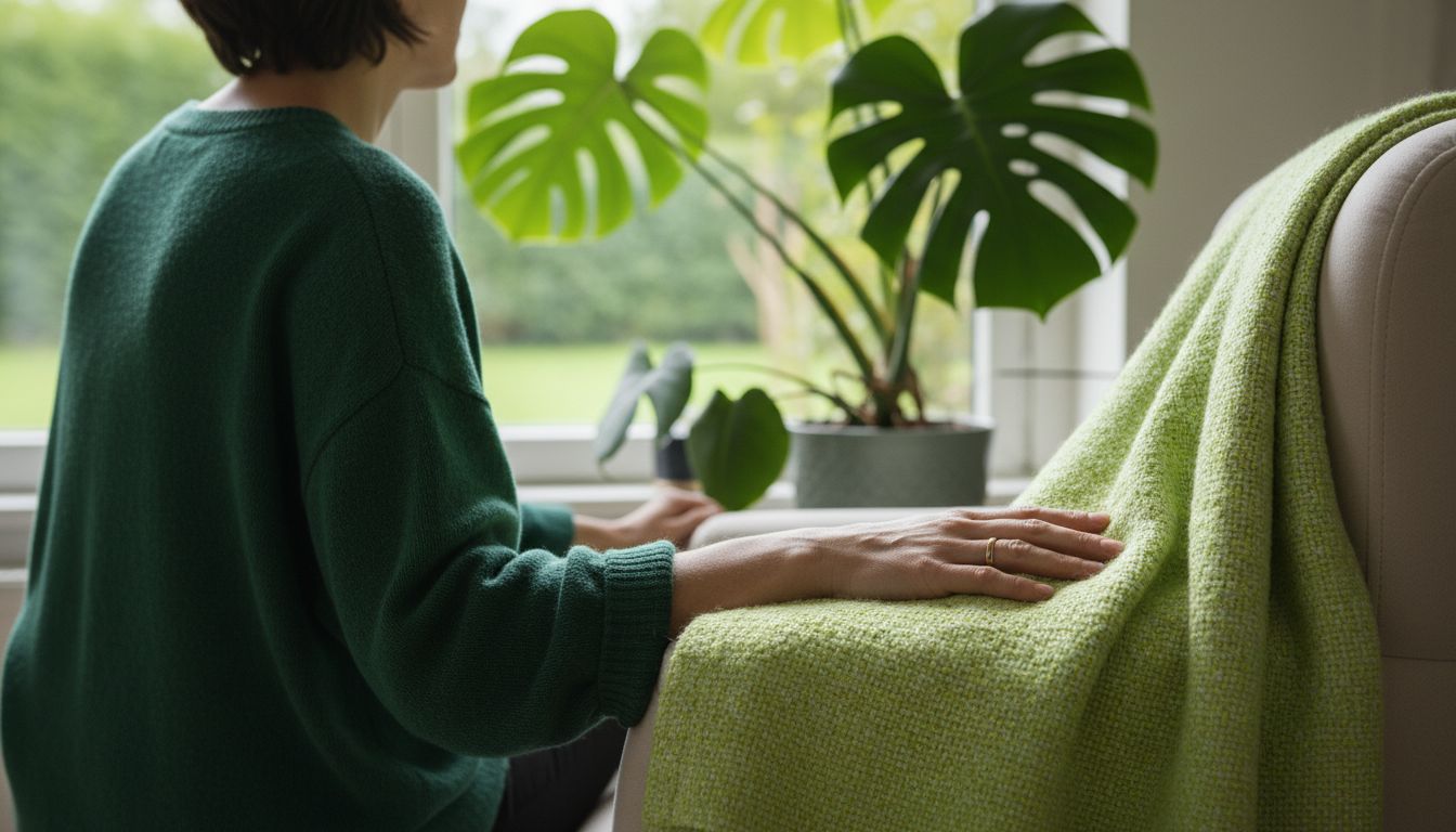 A person touching a textured object (like a woven blanket) while looking at a plant by the window, calm and present, professional high-quality