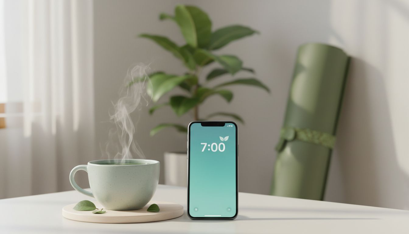 A morning routine scene with a cup of tea, timer on phone at 7:00, and a yoga mat in the background, professional high-quality