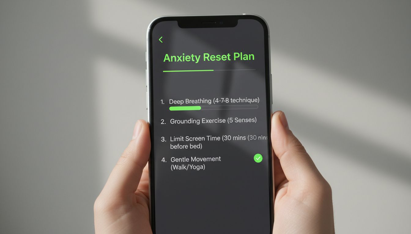 A professional high-quality close-up of a phone note titled “Anxiety Reset Plan” with bullet steps, neutral aesthetic