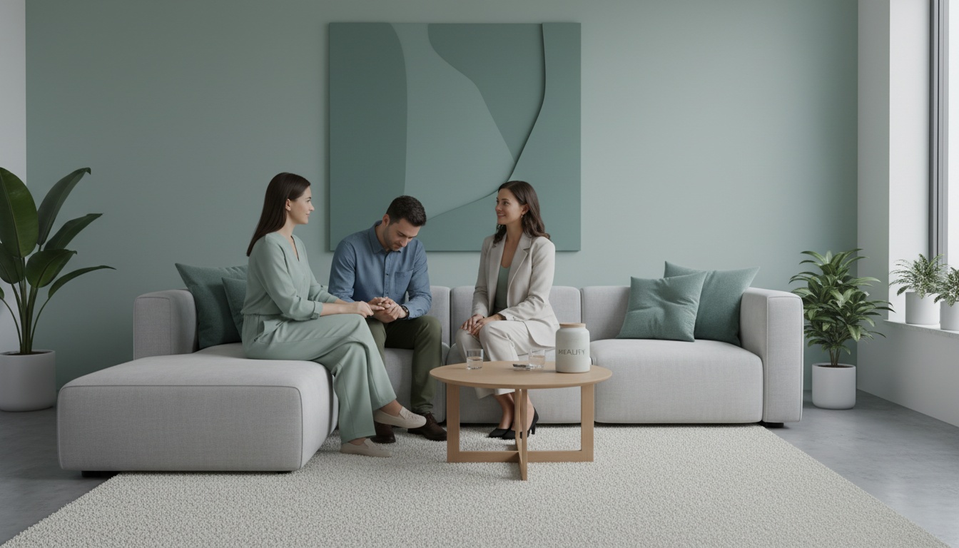 A calm, professional therapy-style consultation scene with a client and a supportive companion in a minimal, modern room