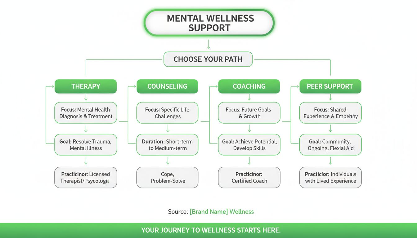 A clean decision-tree style visual showing paths: therapy vs counseling vs coaching vs peer support