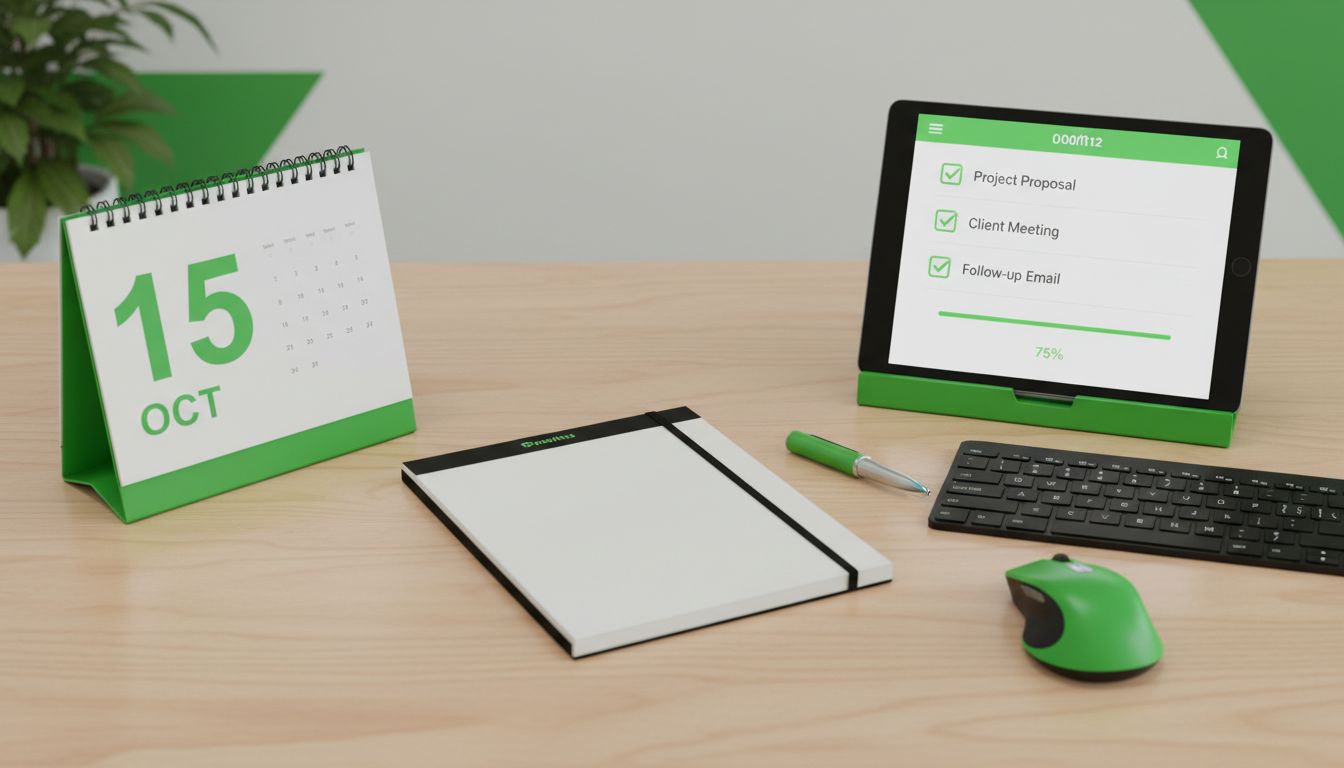 A professional workspace scene with a calendar, notebook, and a simple checklist on a tablet