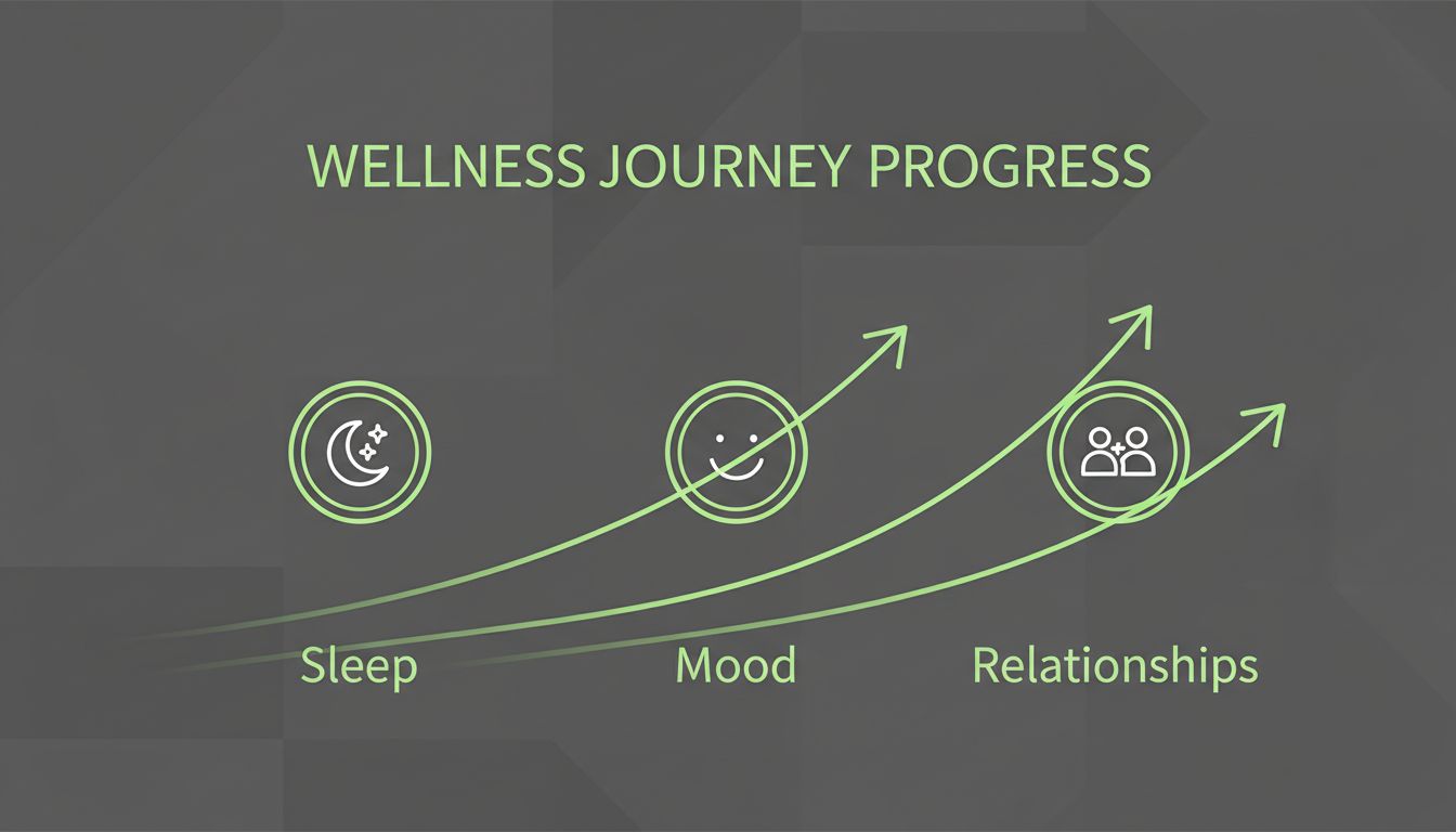 A calm progress-tracking visual with upward trend lines and simple icons for sleep, mood, relationships