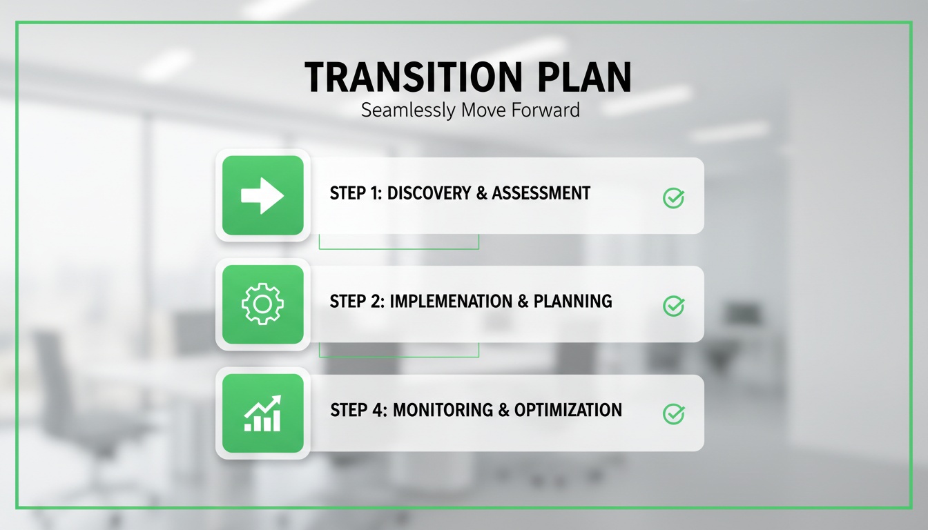 A professional, minimal “transition plan” visual with steps and checkmarks