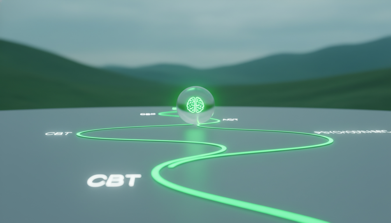A professional, high-quality visual of four therapy approaches represented as distinct paths converging toward a calmer mind