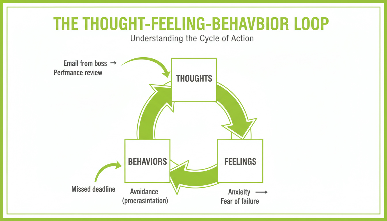 A clean, professional diagram of a thought-feeling-behavior loop with examples like “email from boss → anxiety → avoidance”
