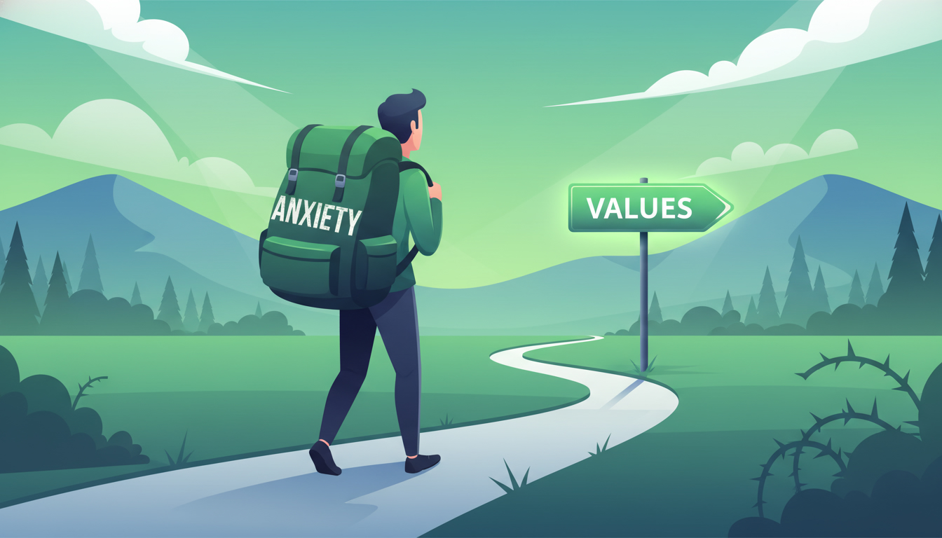 A professional illustration showing a person carrying a backpack labeled “anxiety” while walking toward a sign labeled “values”