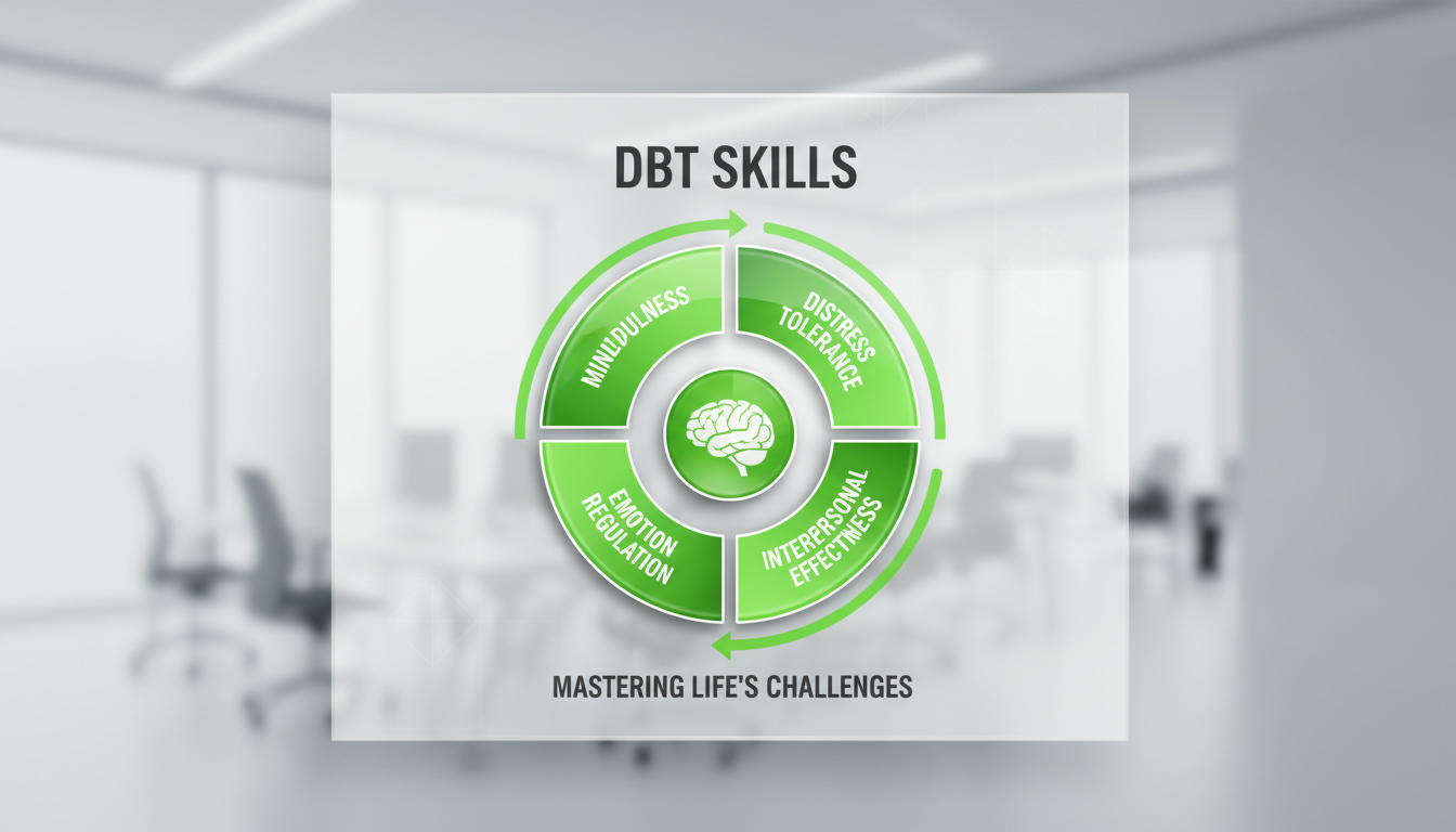 A professional “skills wheel” showing DBT modules: mindfulness, distress tolerance, emotion regulation, interpersonal effectiveness