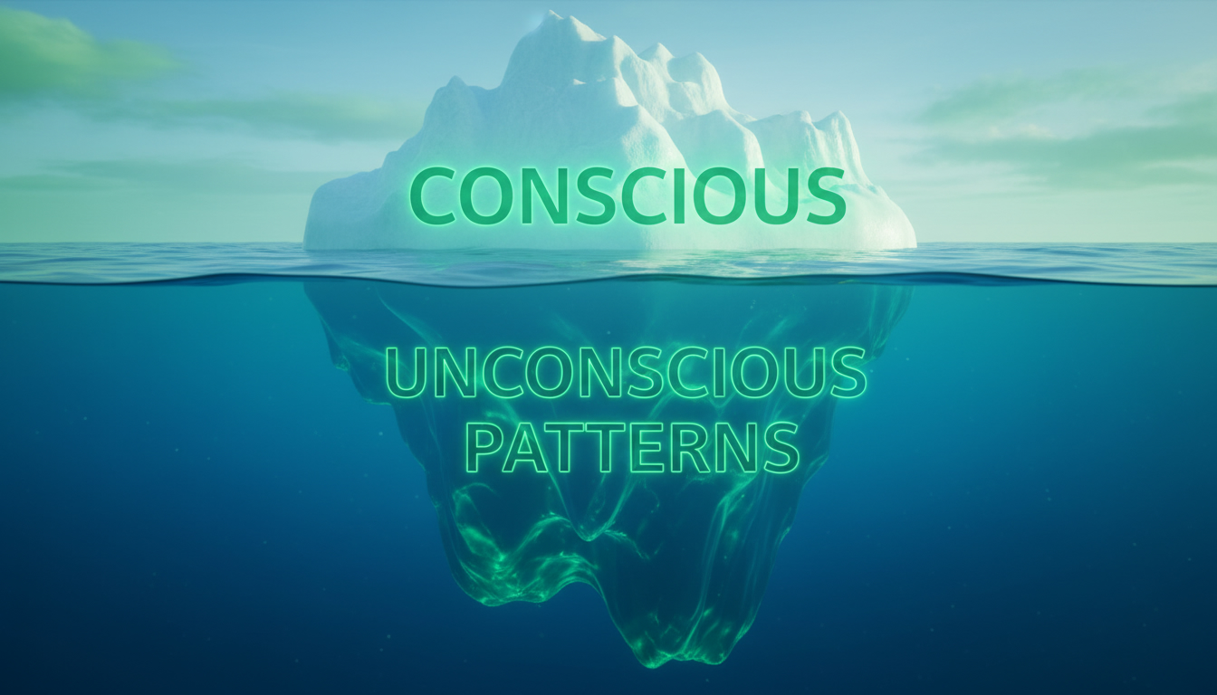 A professional, high-quality visual of an iceberg labeled “conscious” above water and “unconscious patterns” below water