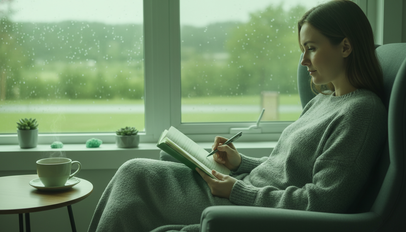 A professional, high-quality photo of a person sitting with a notebook and a cup of tea near a window, conveying calm reflection and emotional check-in