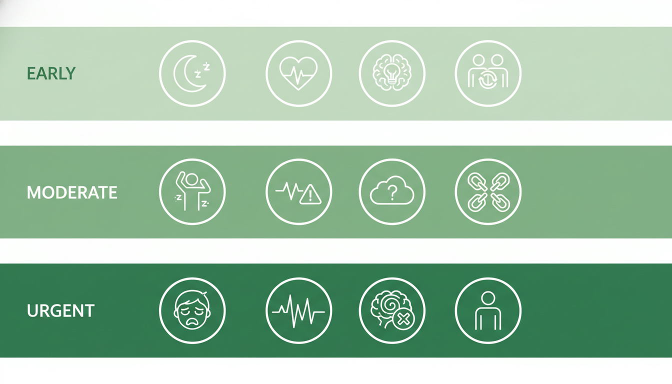 A clean, professional infographic-style visual showing three levels (early, moderate, urgent) with icons for sleep, heart, mind, and social connection