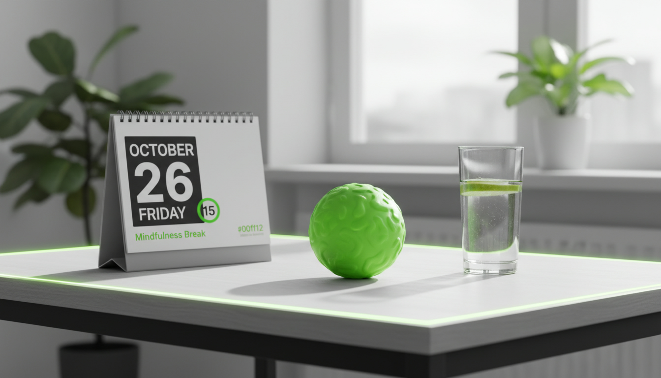A professional, high-quality image of a simple desk scene with a stress ball, a calendar, and a glass of water, symbolizing anxiety management tools