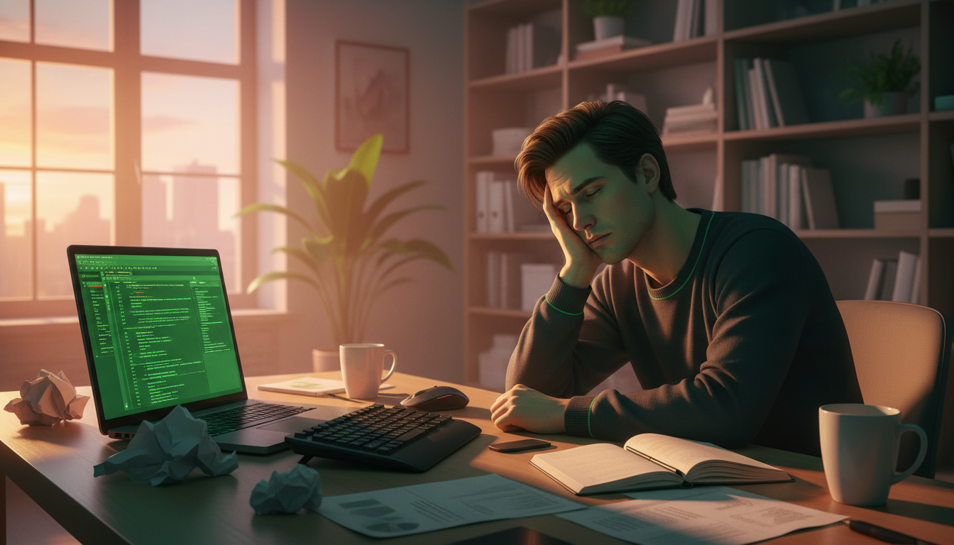 A professional image of a person looking tired at a laptop with evening light, conveying sustained workload and emotional exhaustion