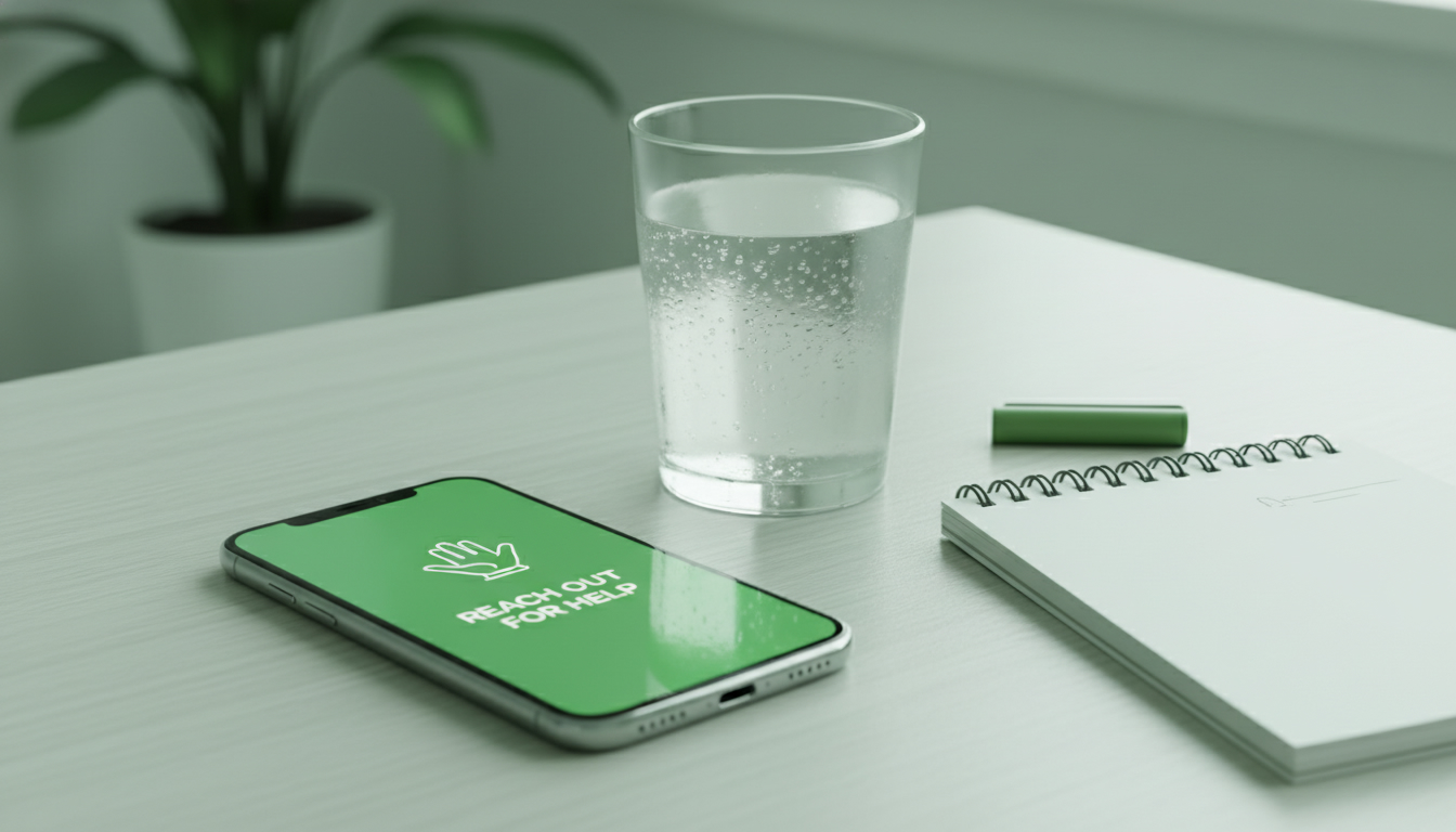 A professional, calm-toned image of a phone on a table beside a glass of water and a notepad, symbolizing reaching out for help during crisis