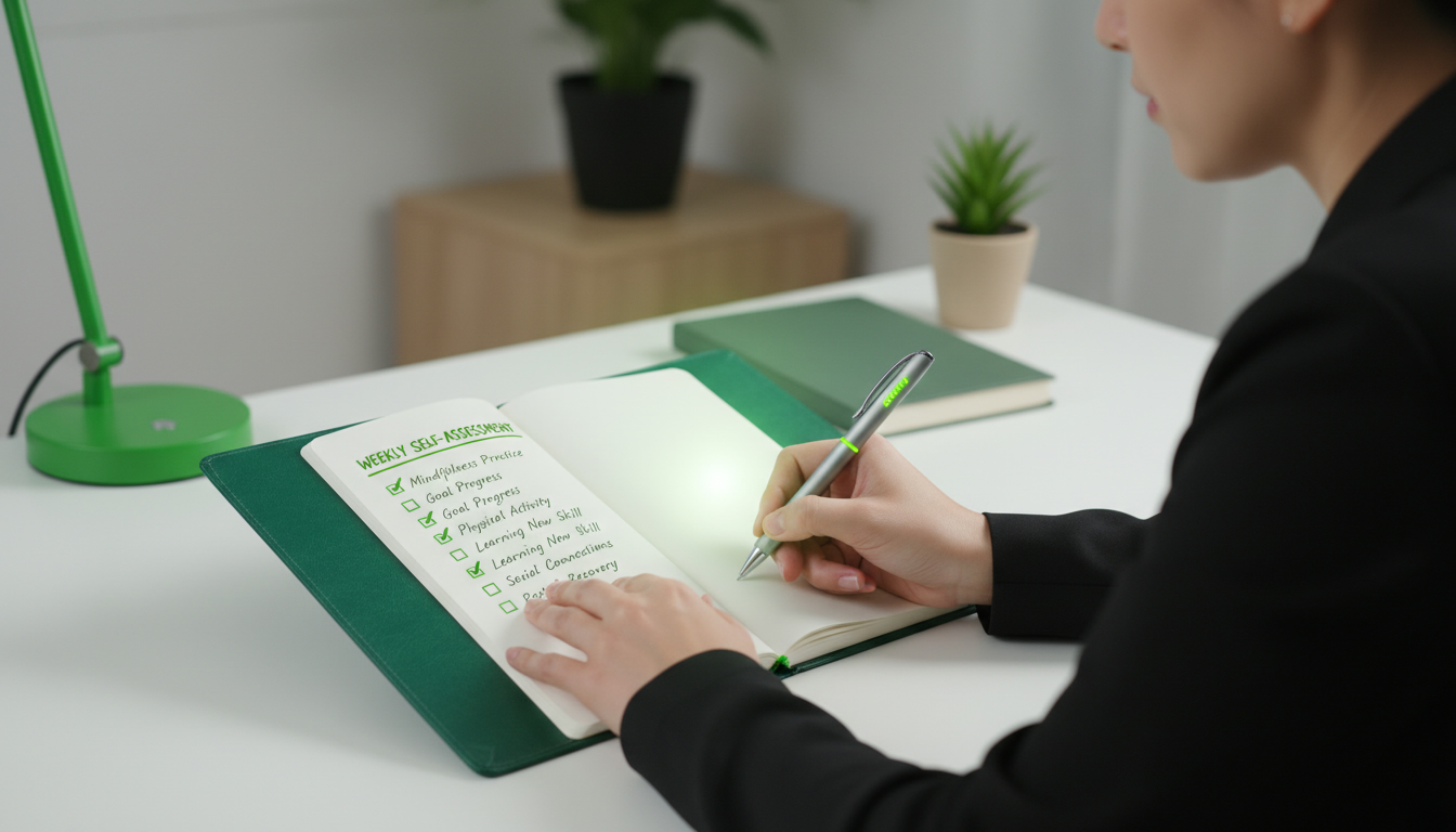 A high-quality image of a person writing in a journal with a checkbox list, suggesting a structured self-assessment