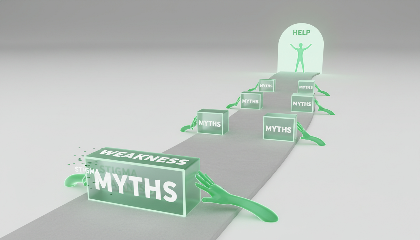 A professional, minimalist visual of roadblocks labeled “myths” being cleared from a path, symbolizing removing barriers to getting help