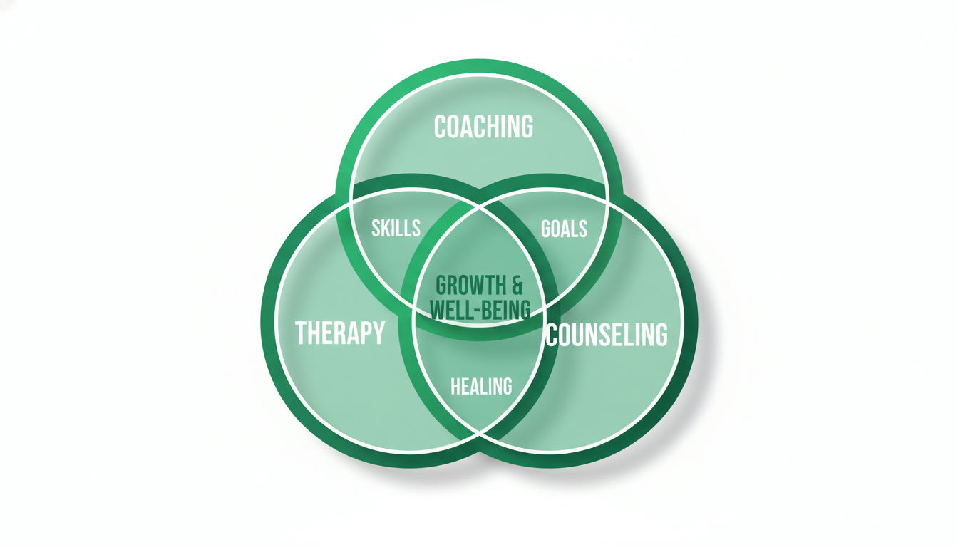 A professional, high-quality graphic-style image of three overlapping circles labeled Therapy, Coaching, Counseling with shared areas like “skills,” “goals,” and “healing”