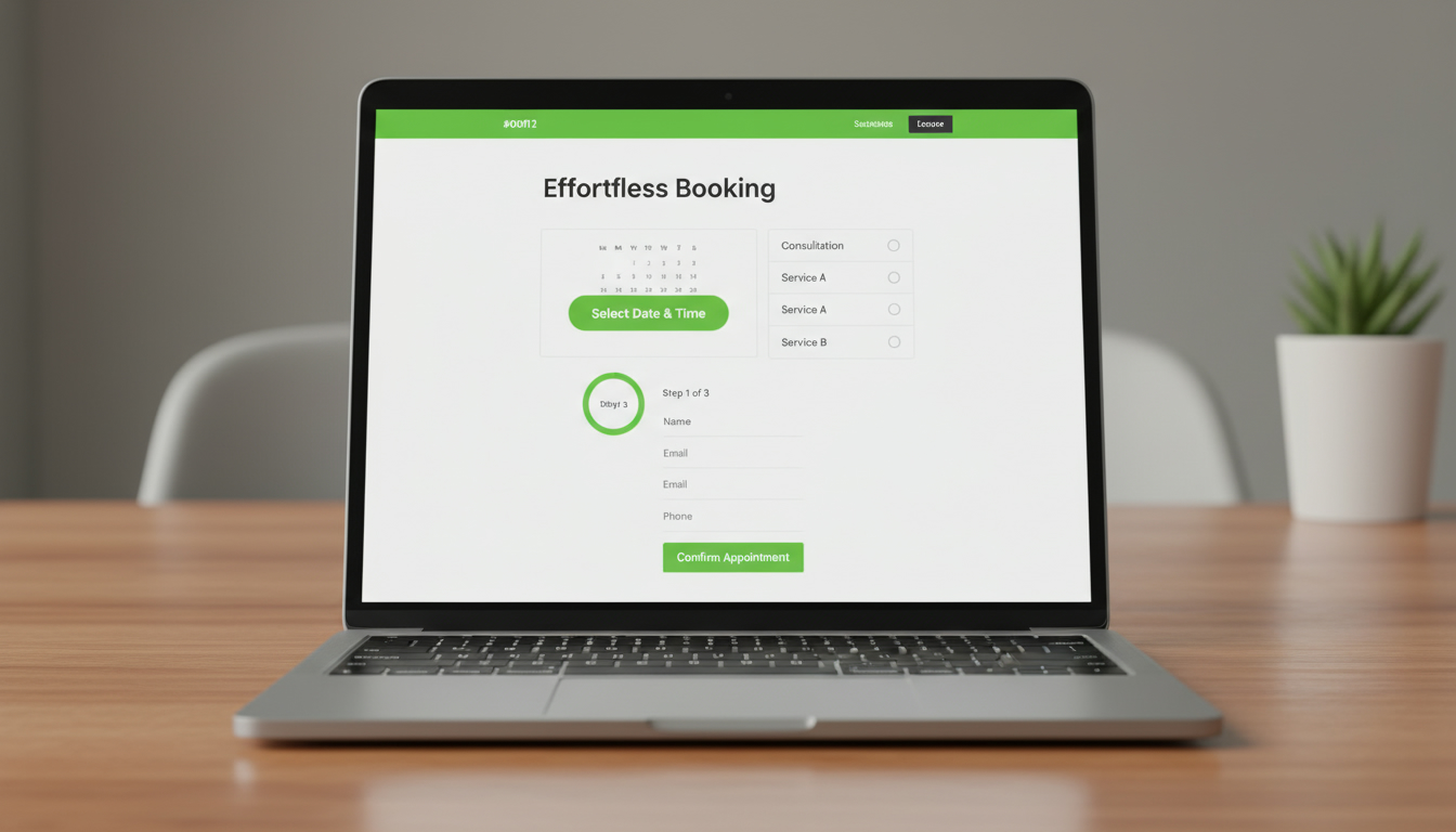 A professional, high-quality image of a clean website booking interface on a laptop screen (no visible sensitive data), symbolizing easy appointment scheduling