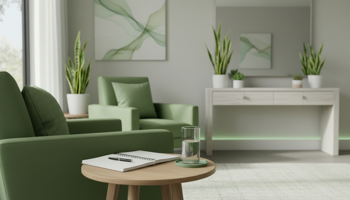 A calm, professional therapy waiting room with soft natural light, a notebook on a chair, and a glass of water on a side table