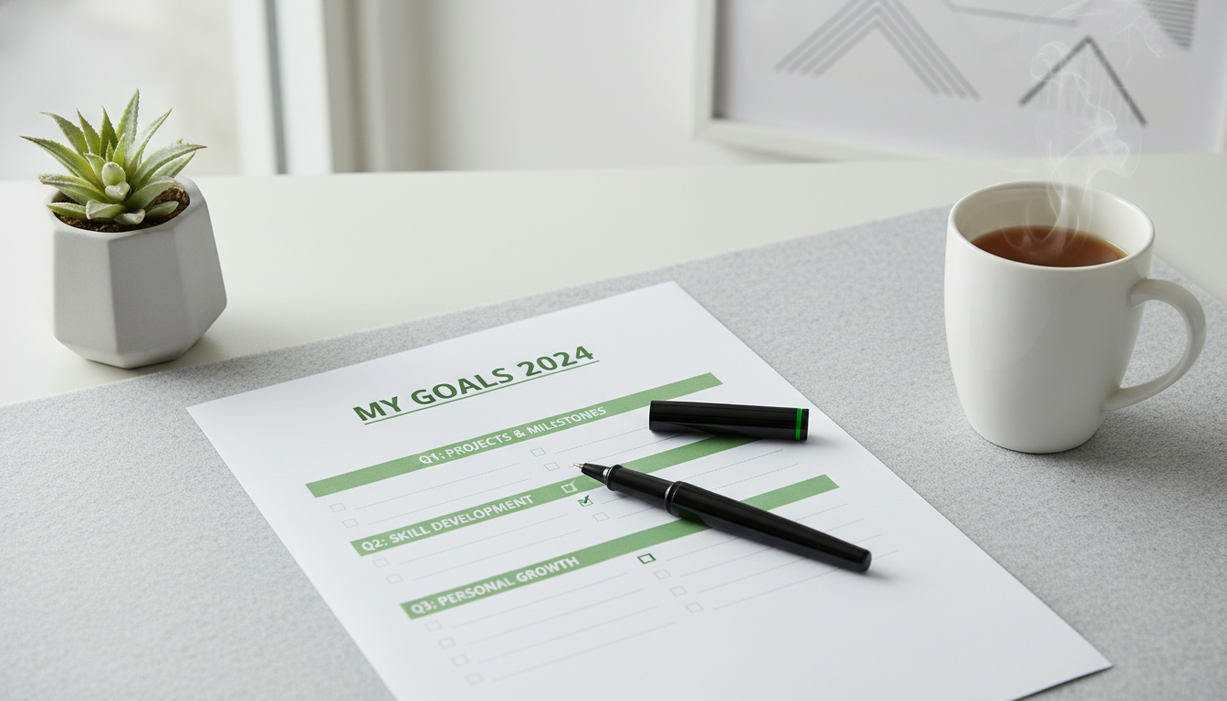 A professional desk scene with a printed goal-setting worksheet and a pen, minimal aesthetic