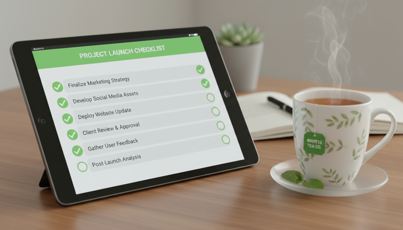 A clean checklist on a tablet with a cup of tea beside it, professional and high-quality