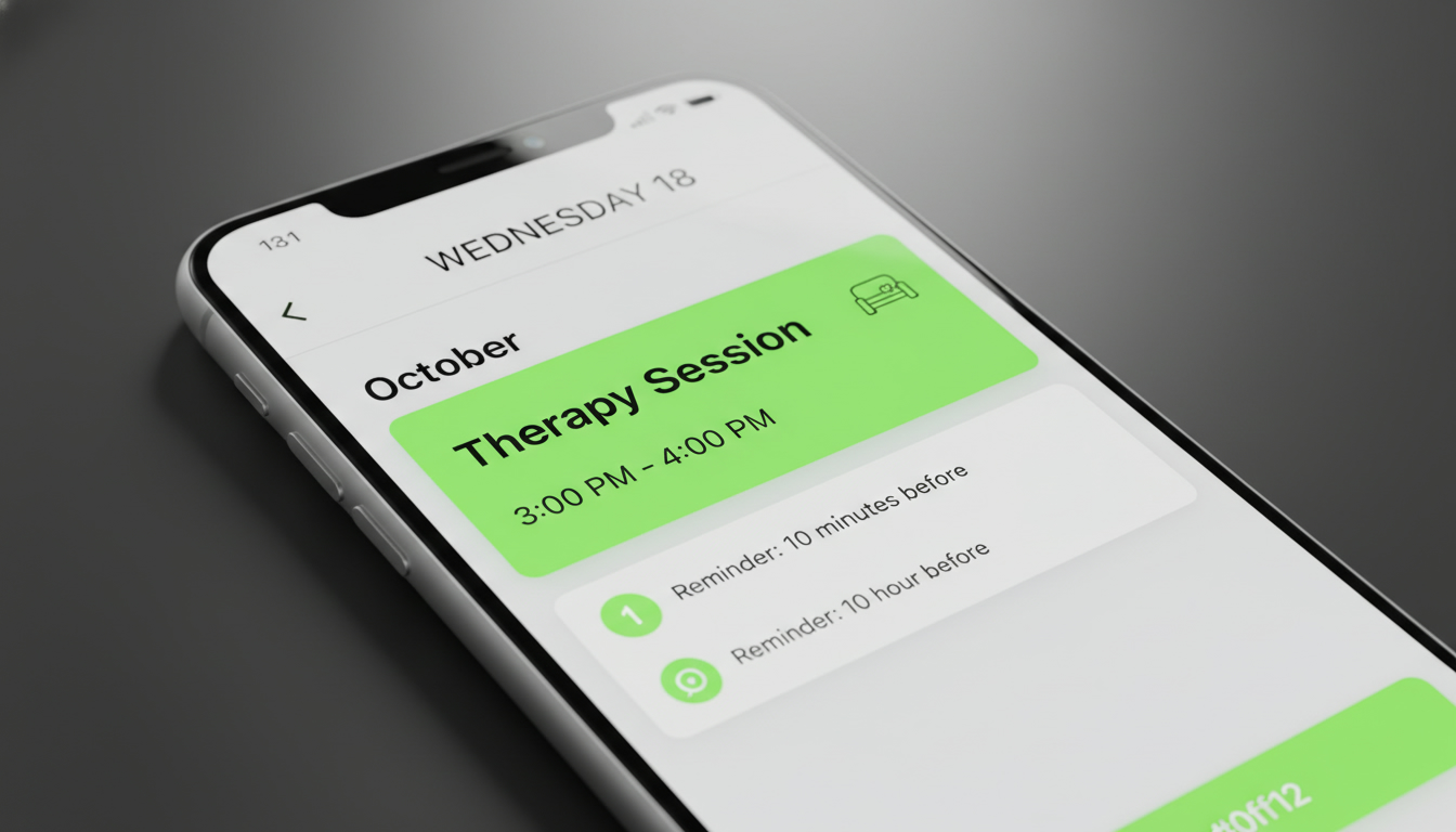 A phone calendar showing a therapy appointment with reminders, clean interface