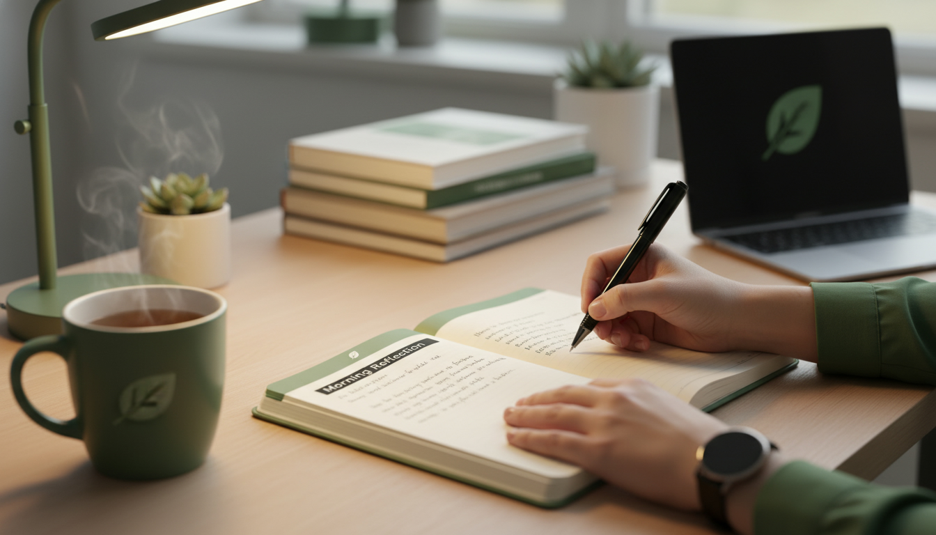 A person writing a short reflection in a journal at a tidy desk, warm professional lighting