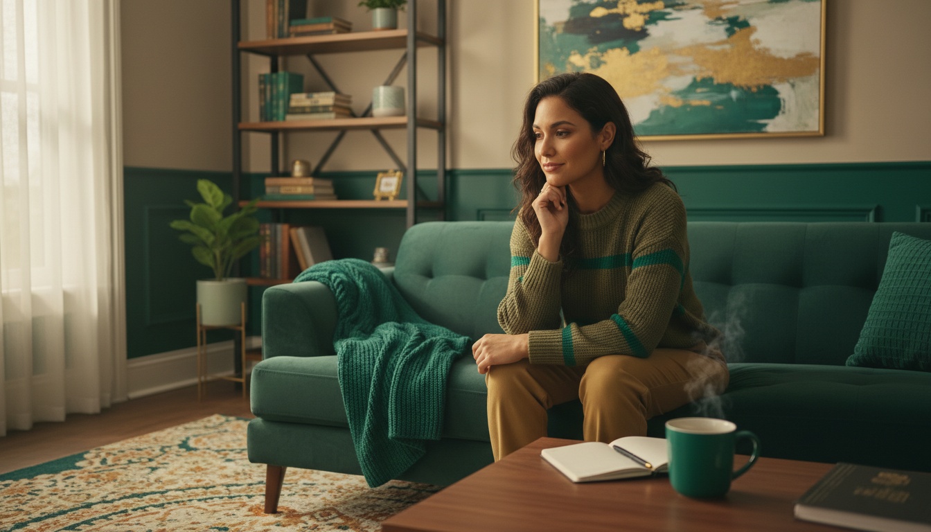 A professional, warm-toned photo of a person sitting on a couch, looking thoughtful, with soft light and a calm home environment