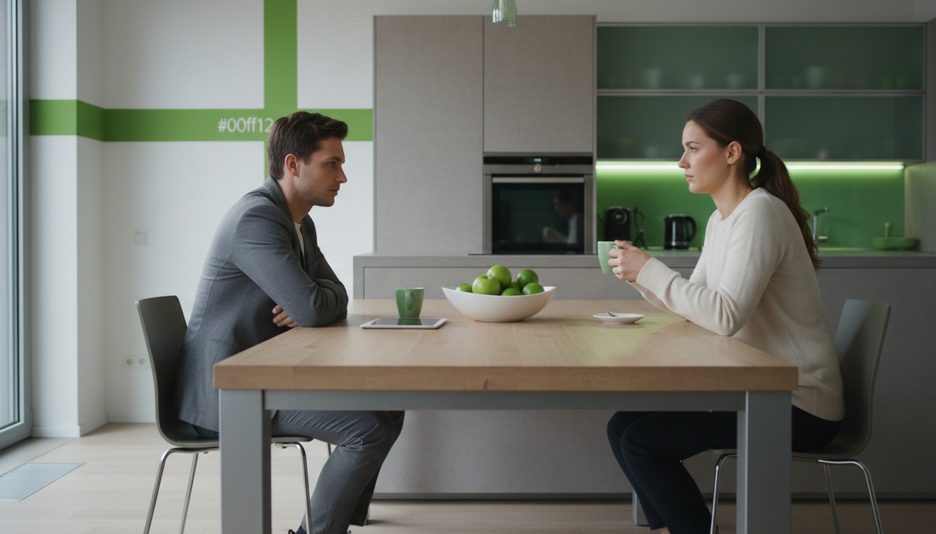 A professional photo of two people talking at a kitchen table, with subtle tension in body language, neutral colors