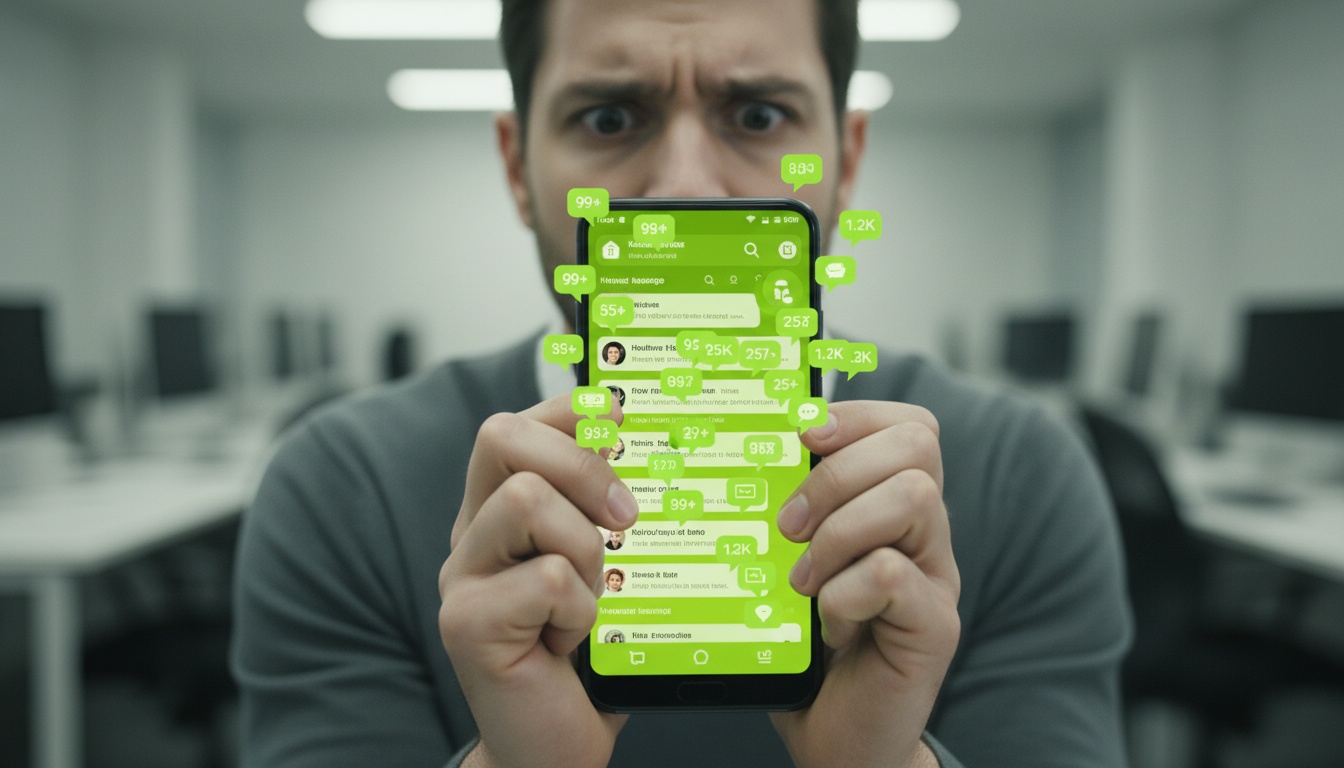 A professional photo of a person holding a phone with unread messages, conveying overwhelm and social pressure