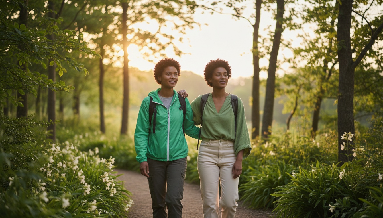 A professional, uplifting photo of two people walking outdoors, suggesting supportive companionship and calm