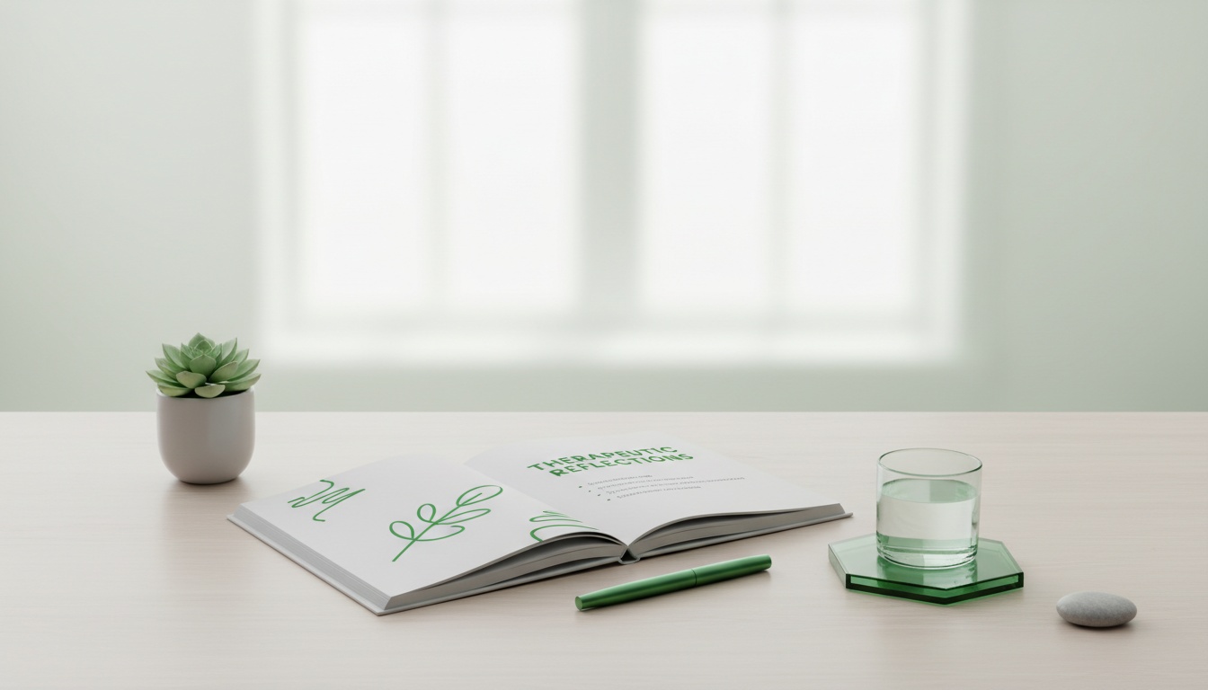 A professional, clean graphic-style photo of a notebook, pen, and calm workspace—minimalist and therapeutic