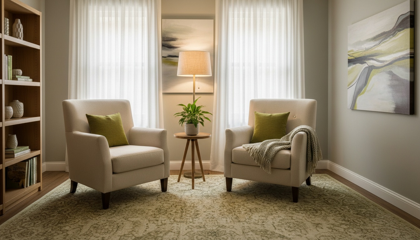 A professional photo of a calm counseling room with neutral tones, comfortable chairs, and soft lighting