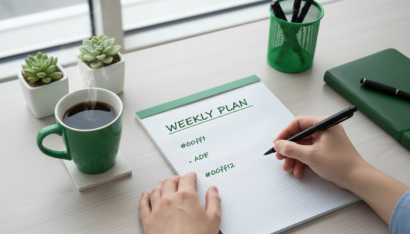 A professional photo of a person writing a plan on paper, with a coffee cup nearby—calm, organized mood