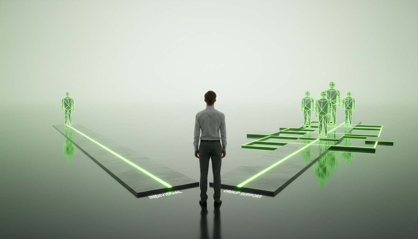 A professional, high-quality photo of a person choosing between two paths on a calm, minimalist background—symbolizing individual vs group support