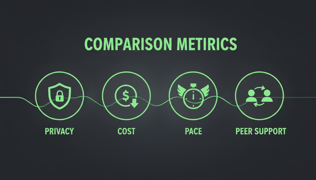 A professional, high-quality comparison visual featuring icons for privacy, cost, pace, and peer support