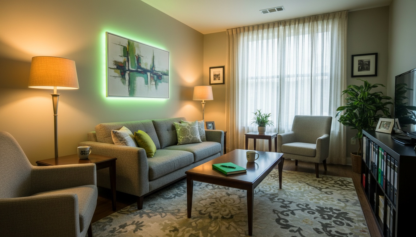 A professional, high-quality photo of a private counseling setting with warm lighting and a notebook on a table