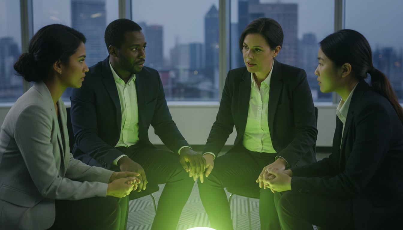 A professional, high-quality photo of a diverse small group in a supportive circle discussion