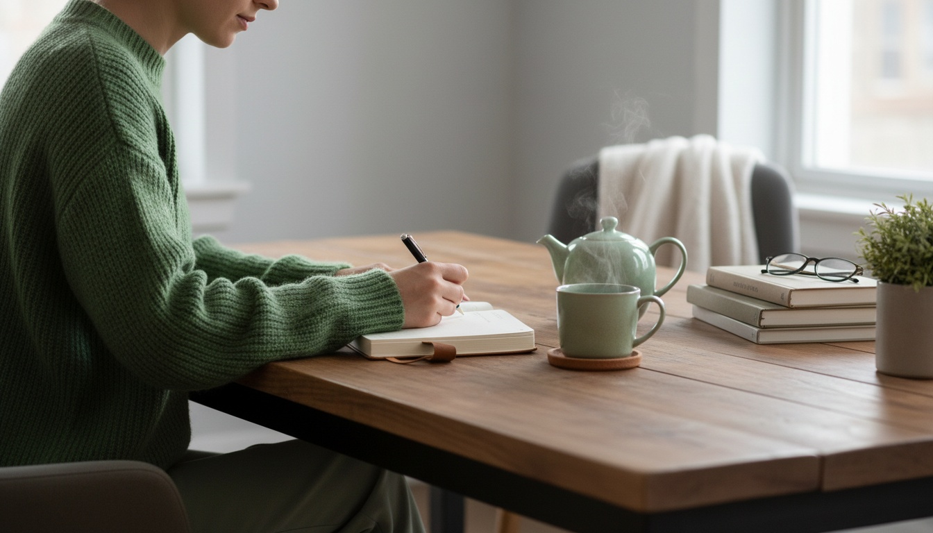 A professional, high-quality image of a person journaling with a cup of tea and a calm, neutral palette